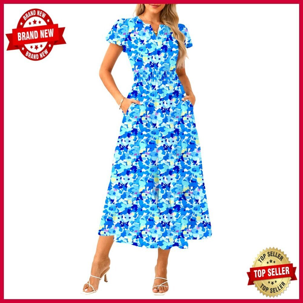 Floral Maxi Dress Puff Sleeves V Neck Casual Wedding Guest Elegant Boho